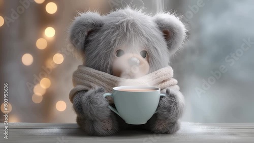 Adorable fuzzy teddy bear holding a steaming cup of coffee or cocoa