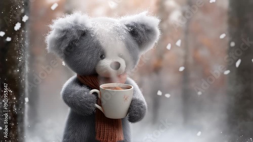 Adorable fuzzy teddy bear holding a steaming cup of coffee or cocoa