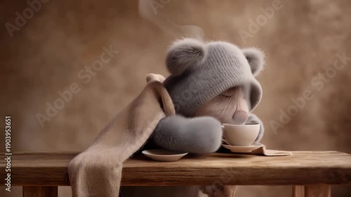 Adorable fuzzy teddy bear holding a steaming cup of coffee or cocoa