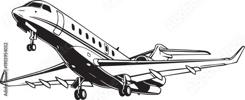 Private Business Jet Takeoff Silhouettes Isolated on White Background