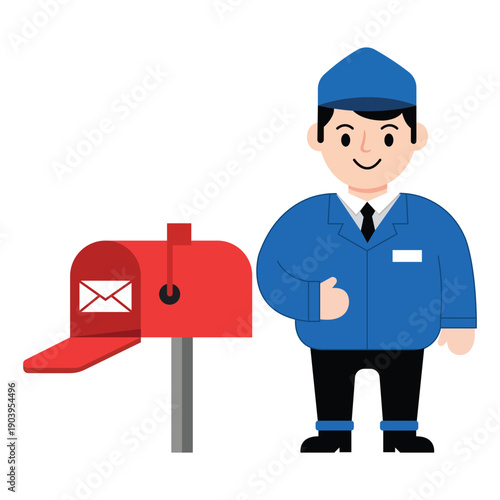 Mail Carrier & Mailbox Illustration: A friendly mail carrier stands beside a bright red mailbox, a symbol of communication, delivery, and connection in a digitally rendered illustration.