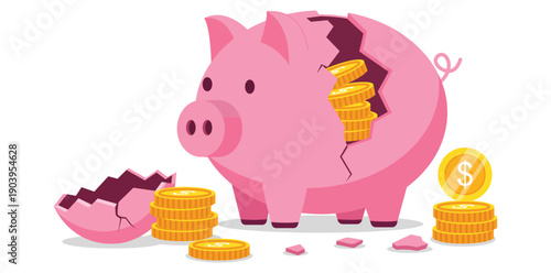 Broken Piggy Bank: The symbolic image of a shattered piggy bank, spilling golden coins, evoking the themes of savings, finance, and financial vulnerability.