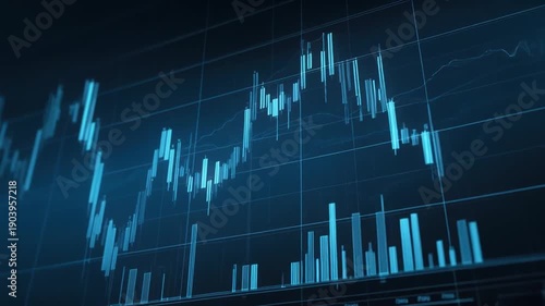 A blue-toned chart displaying financial data in bars and lines, a visual of market trends