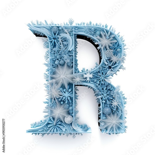 Delicate snowflakes surround the letter R, transforming it into a magical winter centerpiece that captures the beauty of a snowy landscape in vivid blue hues