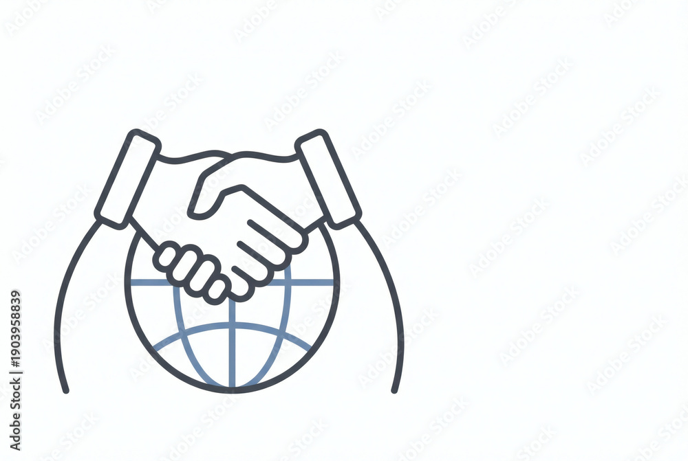 Fototapeta premium Global partnership handshake outline icon isolated on white background.
