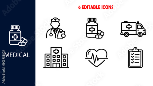 6 Medical editable icons - Checklist, medicine, hospital, emergency, and Doctors. Vector illustration.