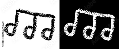 Hand drawn musical notes icon illustrated in chalk and charcoal style. Black and white childlike sketch grunge texture. Vector isolated music note symbol in doodle style.