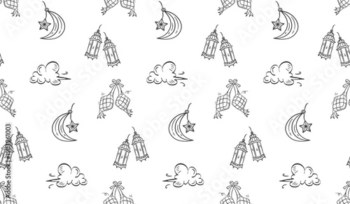 Ramadan doodle background. Eid al fitr doodle pattern background. Eid mubarak seamless pattern with lantern, crescent moon, sky, ketupat doodle illustration. Ramadan hand drawn background.