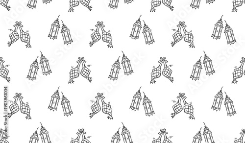 Ramadan doodle background. Eid al fitr doodle pattern background. Eid mubarak seamless pattern with lantern and ketupat doodle illustration. Ramadan hand drawn background.