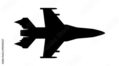 Black silhouette vector of modern fighter jet top view, minimal flat design, clean sharp edges, isolated on light background