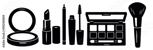 Modern graphic cosmetics set featuring lipstick, mascara, eyeshadow palette, compact powder, and a brush for beauty and personal care