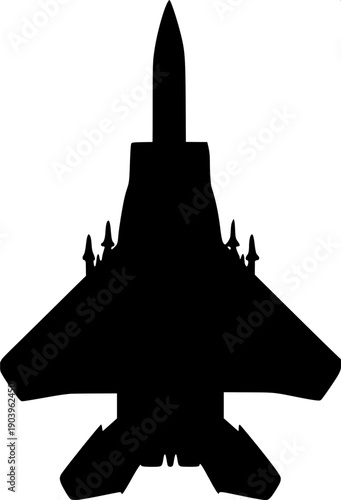 Black silhouette vector of modern fighter jet top view, minimal flat design, clean sharp edges, isolated on light background