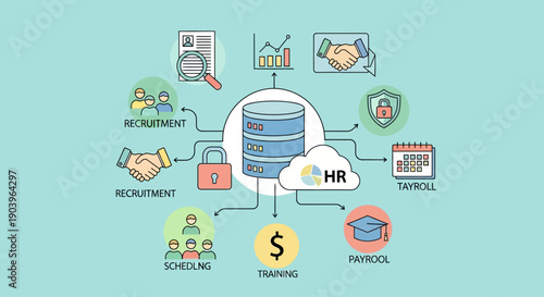 Human resources management concept with interconnected icons and database.