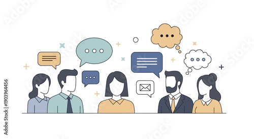 Group of diverse people communicating with speech bubbles above their heads.