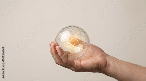Antifragile system concept, cracked glass sphere holding inner light symbolizing resilience, transformation and strategic endurance