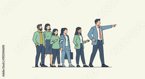 Business team following leader pointing forward with confidence.