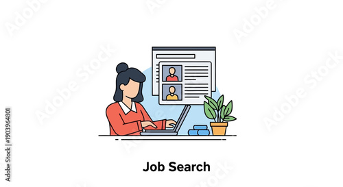 Woman searching for job opportunities on computer with resume and profile icons.