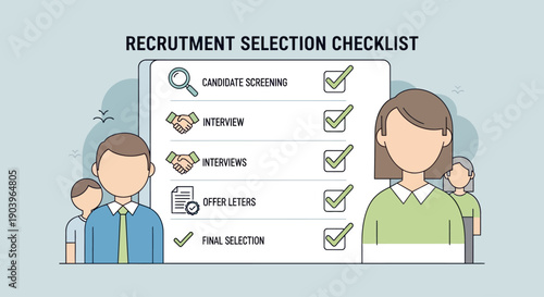 Recruitment selection checklist with candidate screening and interview process illustration.