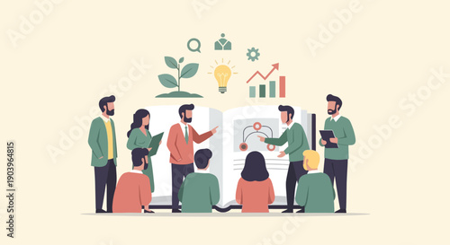 Business team brainstorming and discussing ideas in a modern office setting.