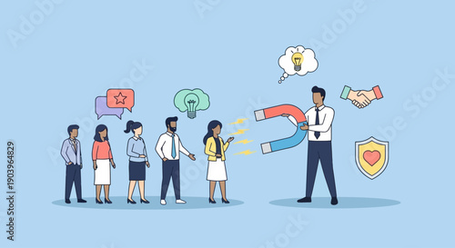 Businessman attracting diverse customers with a large magnet in a conceptual business illustration.