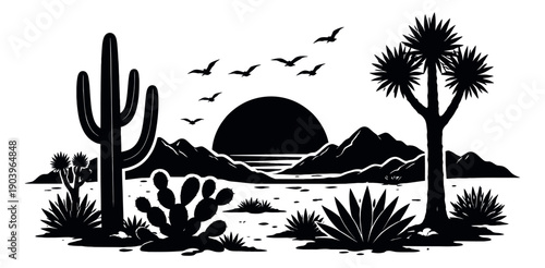 Black and white silhouette illustration of a desert landscape depicting desert flora and a sunset scene for nature and travel designs