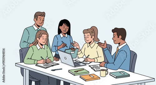 Diverse group of young professionals collaborating on a project around a table.