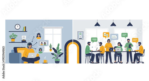 Modern office workspace with employees collaborating and individual working remotely.