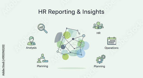 Conceptual illustration of HR reporting and insights with interconnected icons and network.