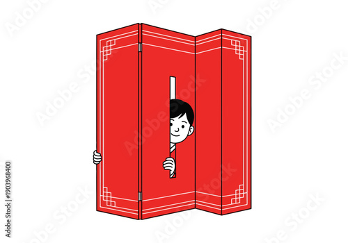 Cartoon boy peeking from behind a red folding screen with white decorative borders and hinges, in a playful, comic book style, with a hint of mischief and curiosity.