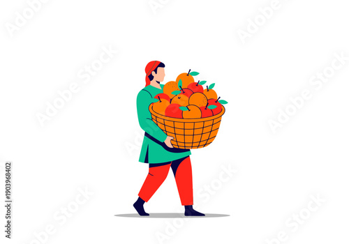 Flat design farmer carrying large basket overflowing with various colorful fruits and vegetables, walking sideways, minimalist style, agricultural worker, rural scene