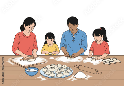 Asian family with two children and parents baking and making dumplings together at wooden table with flour