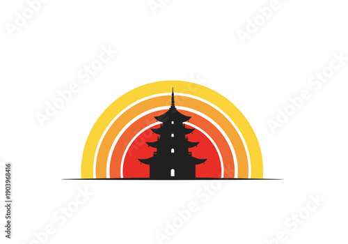 Minimalist Asian pagoda silhouette at sunset with multi-colored gradient semicircle background in vibrant orange, yellow hues, stylized iconic landmark