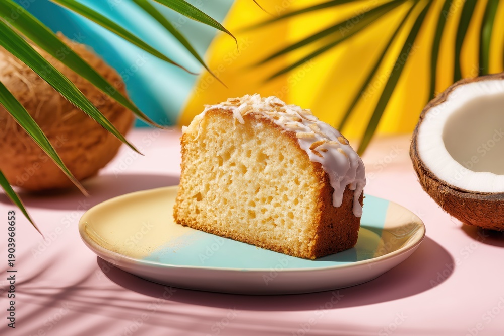 © Anna - Slice of coconut loaf cake with white icing served on a pastel plate, styled with palm leaves and coconut for a bright tropical dessert mood.