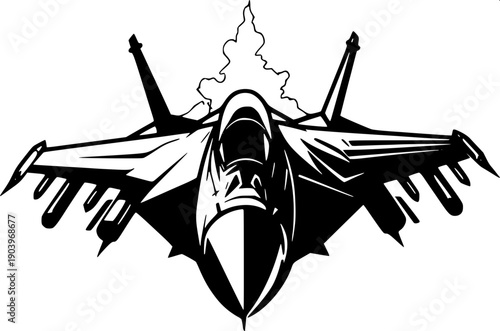 Modern combat jet silhouette vector from top angle, solid black shape, minimal detail, white or light background