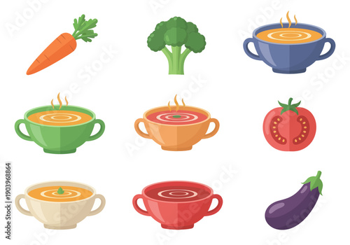 Vector illustration of various vegetable soups and fresh vegetables including carrot, broccoli, tomato, and eggplant, perfect for food and recipe designs