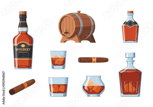 Whiskey bottles, glasses with ice, cigars, and wooden barrel set isolated on white, alcohol and luxury drink elements for bar and party design