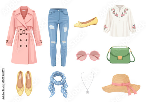 Women's casual spring fashion outfit set with pink trench coat, distressed jeans, floral blouse, accessories and summer hat ideal for stylish everyday wear