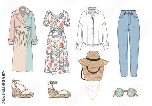 Women's fashion collection with trench coat, floral dress, white blouse, jeans, wedge sandals, straw hat, handbag, layered necklaces, and round sunglasses, stylish outfit ideas