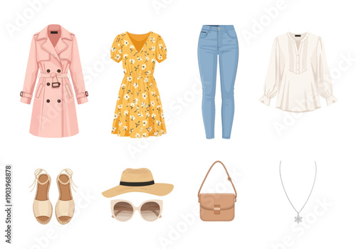 Women's spring clothing and accessories set with floral dress, pink trench coat, light jeans, blouse, sandals, sunhat, sunglasses, handbag, and necklace for casual wear