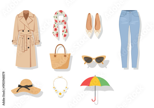 Women?s spring and summer fashion accessories including trench coat, floral scarf, flats, jeans, straw hat, tote bag, sunglasses, daisy necklace, and colorful umbrella