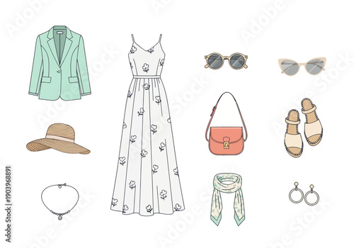 Women's summer outfit set with floral maxi dress, mint blazer, sunglasses, sun hat, sandals, handbag, scarf, earrings, and necklace for casual and elegant styles