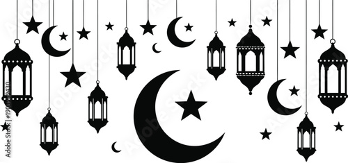 Ramadan mubarak decorations with lanterns and crescent moon symbols