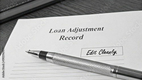 Clean monochrome image of loan adjustment record document with pen for business and financial themes