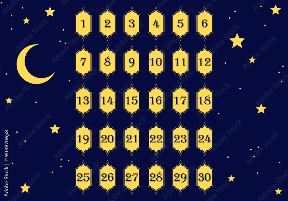 Naklejka premium Ramadan Advent Calendar. Eid Mubarak Coutdown Calendar Fillable Ramadan Gift Box, Islamic Art