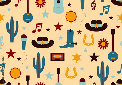 Country music seamless pattern background. Country and western cowboy texture