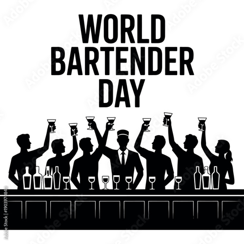 A group of bartenders and friends celebrating World Bartender Day with raised glasses and bottles behind the bar.