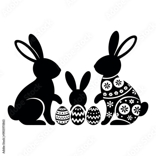 A black silhouette of three bunnies and decorated Easter eggs on a white background