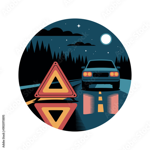 A car with its hazard lights on is stopped on a dark road with warning triangles.