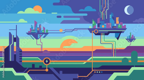 Futuristic cityscape with neon lights and floating structures