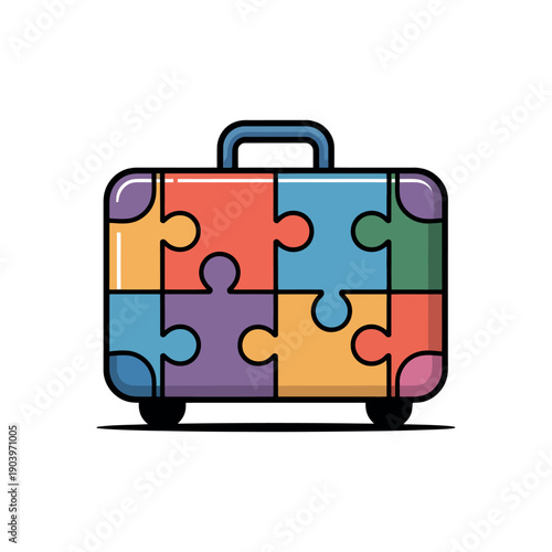 A colorful puzzle suitcase with a handle on a white background